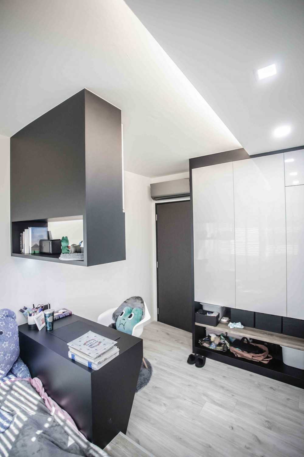Contemporary Bedroom with Bookshelf and Drop Light