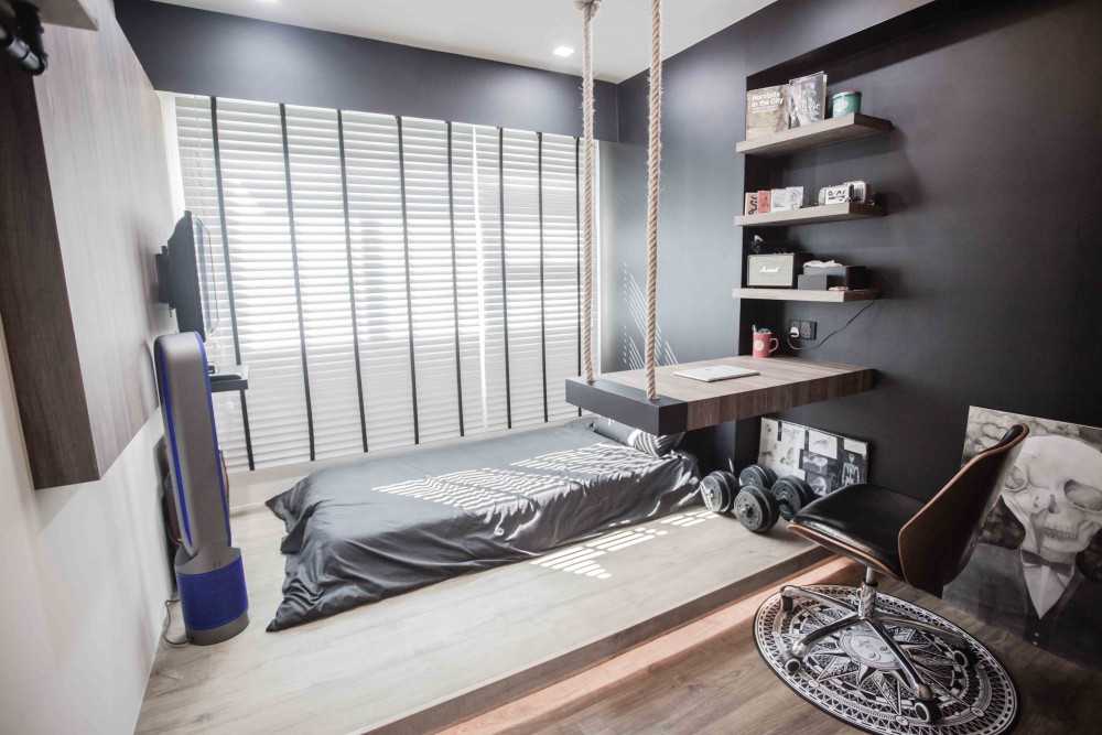 Contemporary Bedroom with Platform Bed and Feature Wall
