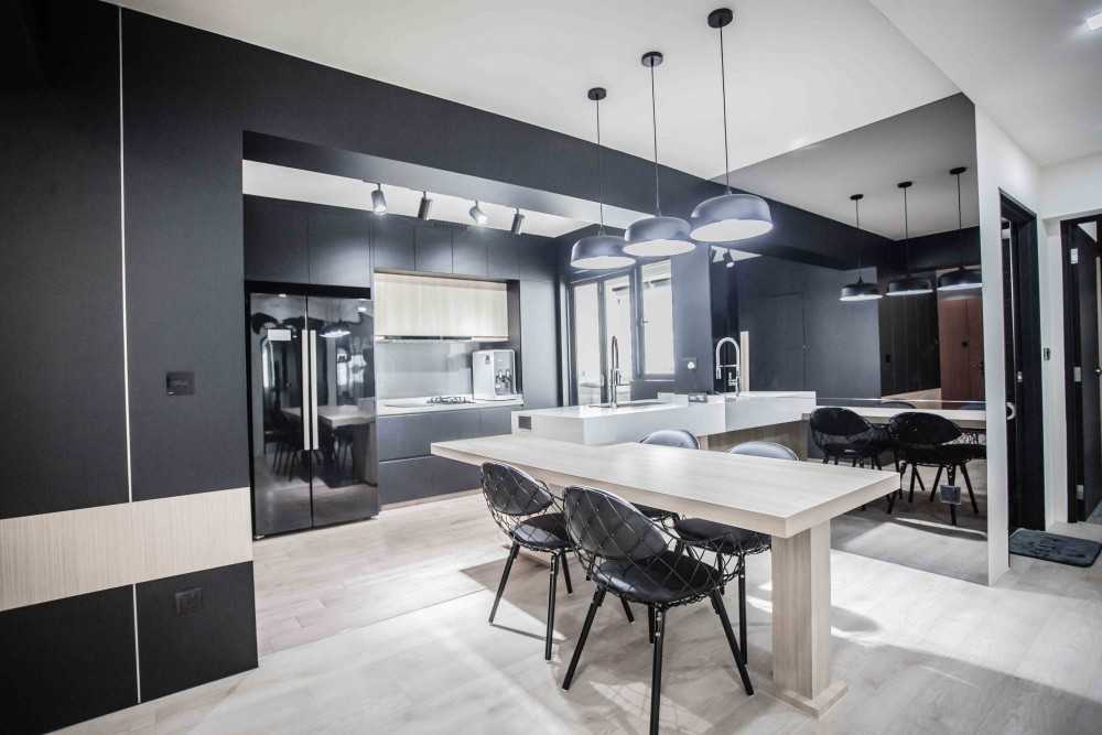 Contemporary Dining Room with Mirror and Kitchen Island
