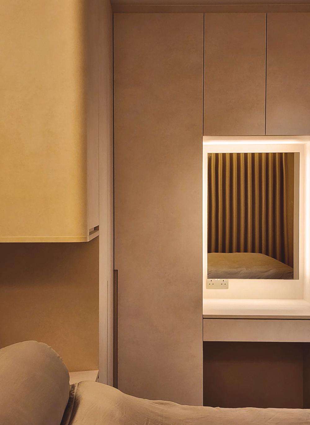 Minimalist Bedroom with Vinyl Flooring and Cove Lighting