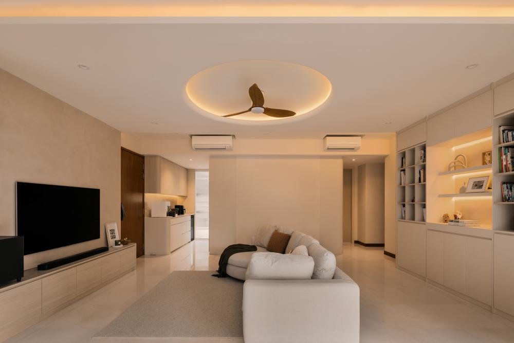 Modern Living Room with Bookshelf and Marble Floor