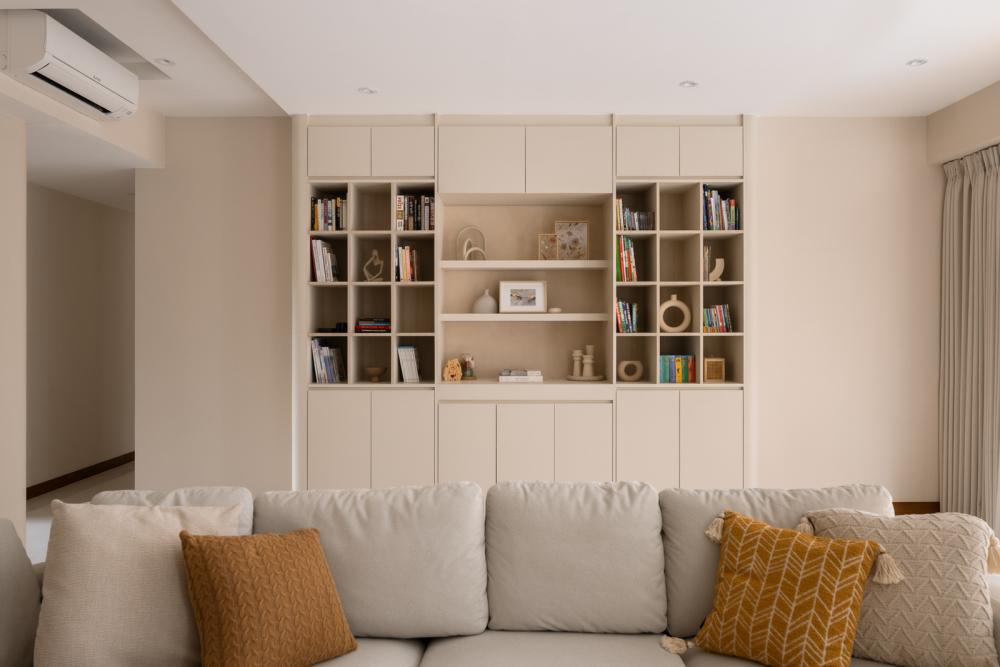 Modern Living Room with Bookshelf and Marble Floor