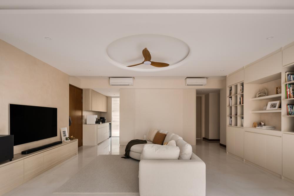 Modern Living Room with Bookshelf and Countertop
