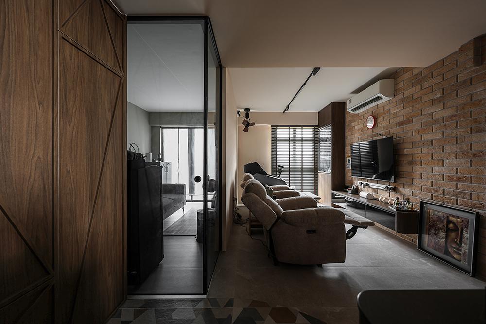 Eclectic Living Room with TV Console and Feature Wall