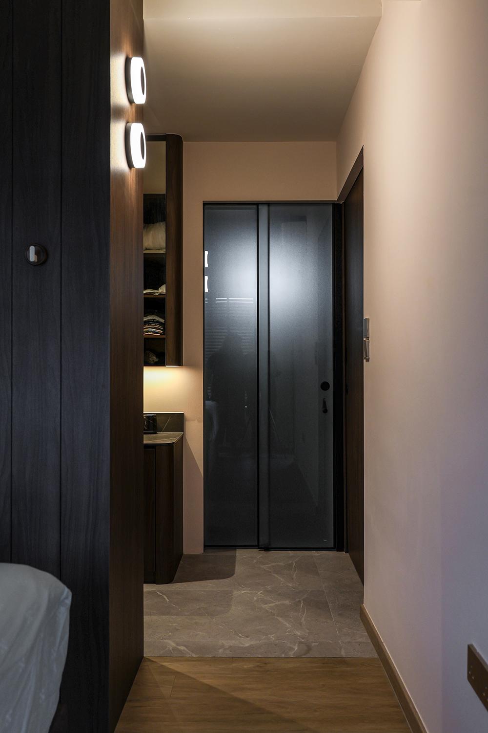Eclectic Bedroom with Lighting and Doors