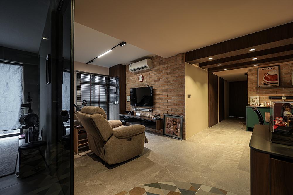 Eclectic Living Room with TV Console and Feature Wall