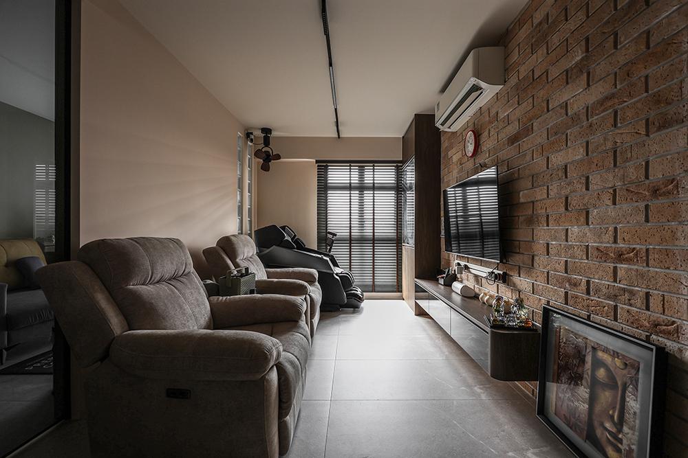 Eclectic Living Room with Homogeneous Tiles and TV Console