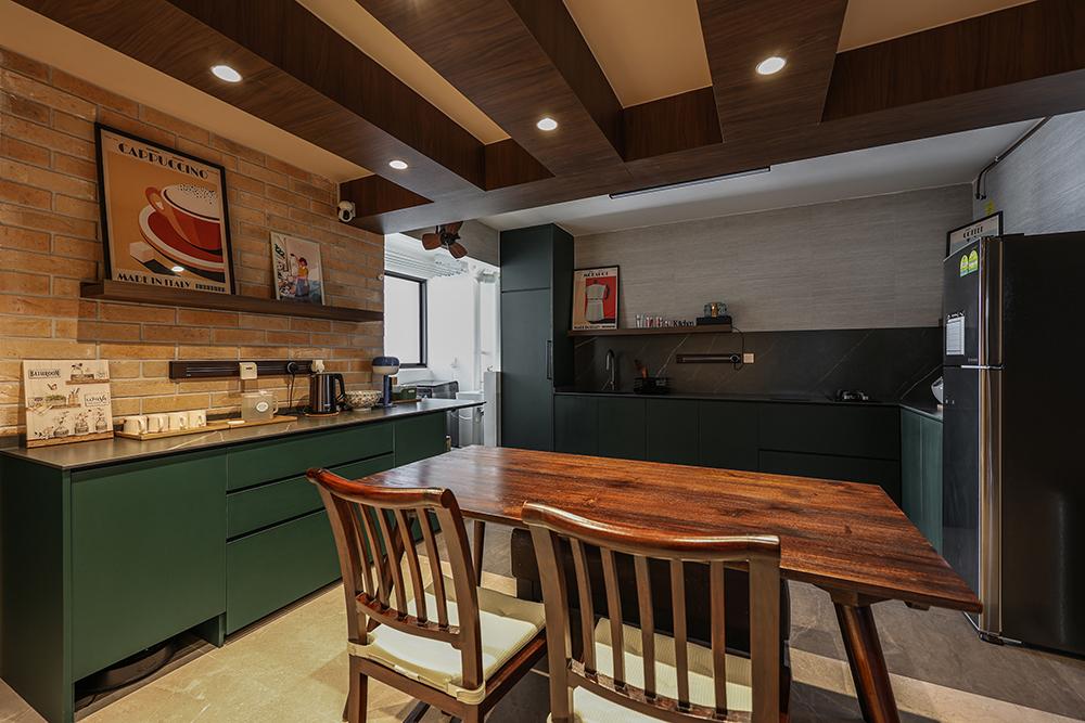 Eclectic Dining Room with Homogeneous Tiles and Feature Wall