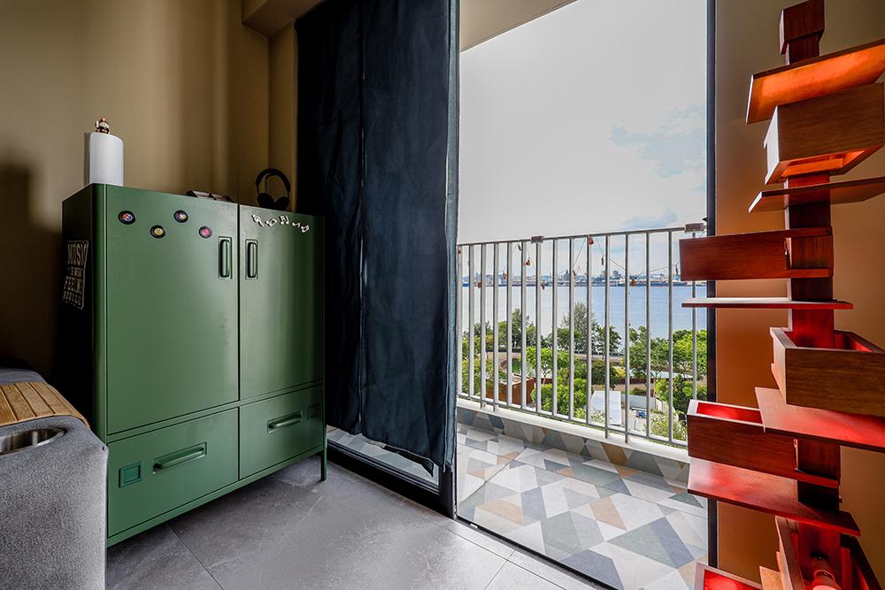 Eclectic Balcony with Homogeneous Tiles and Curtain