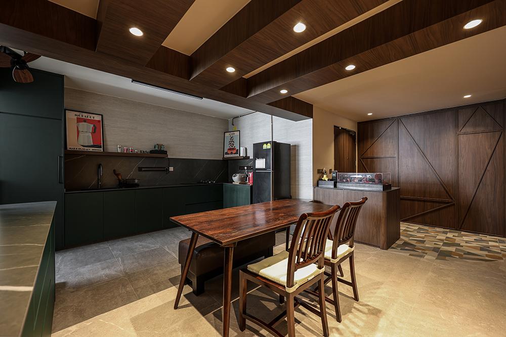 Eclectic Dining Room with Homogeneous Tiles and Open Kitchen
