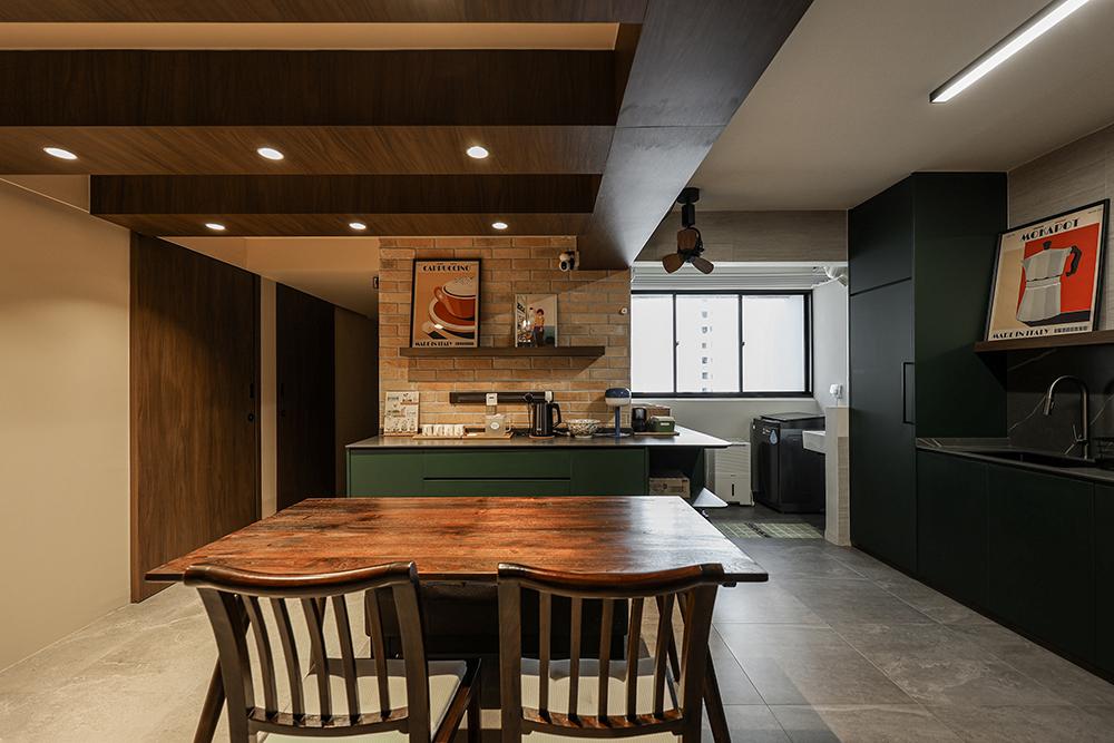 Eclectic Dining Room with Homogeneous Tiles and Open Kitchen