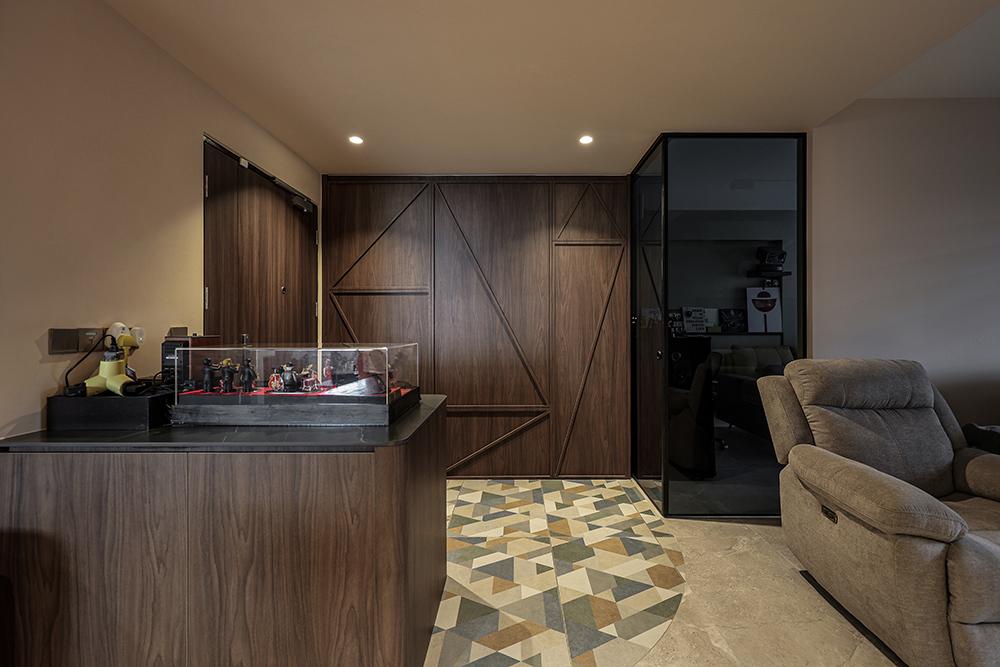 Eclectic Foyer with Homogeneous Tiles and Glass Door