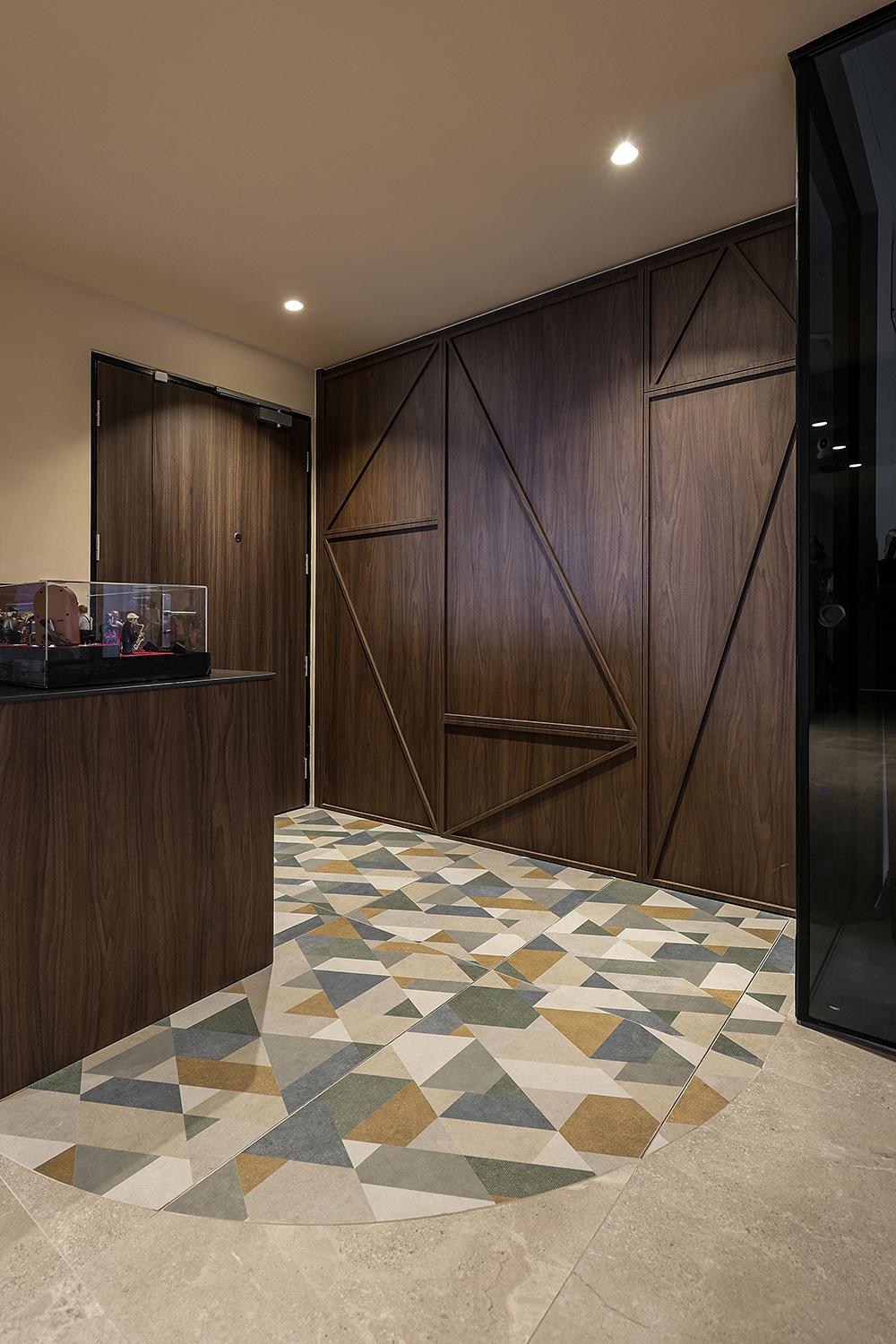 Eclectic Foyer with Homogeneous Tiles and Storage Cabinets