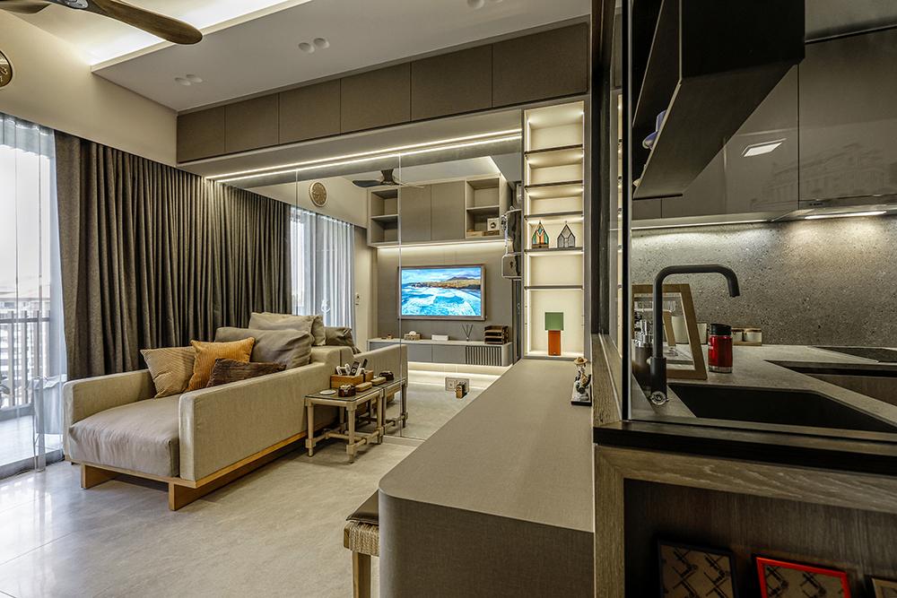 Modern Living Room with Mirror and Storage Cabinets