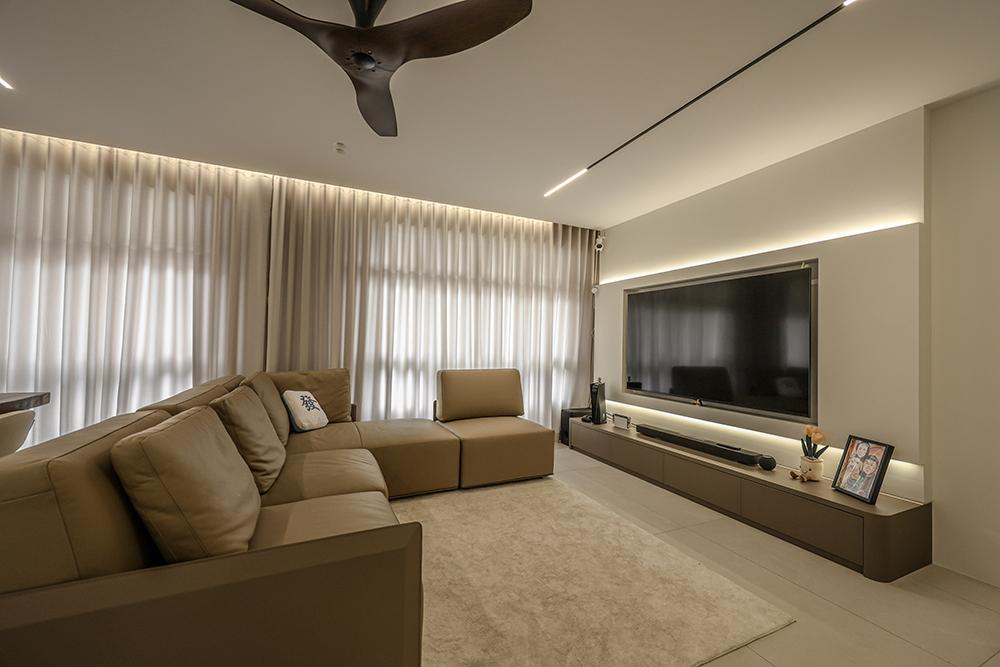 Modern Living Room with Homogeneous Tiles and TV Console