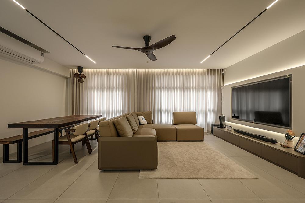 Modern Living Room with Homogeneous Tiles and TV Console