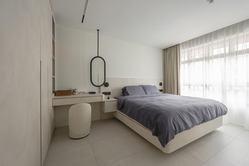 Modern Bedroom with Homogeneous Tiles and Wardrobe