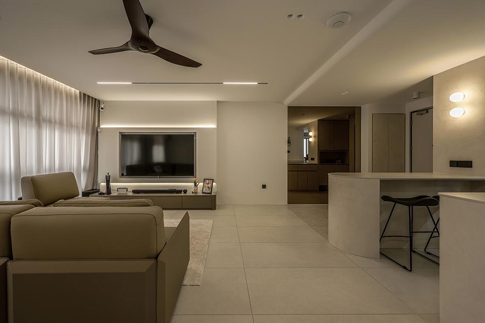 Modern Living Room with Homogeneous Tiles and TV Console
