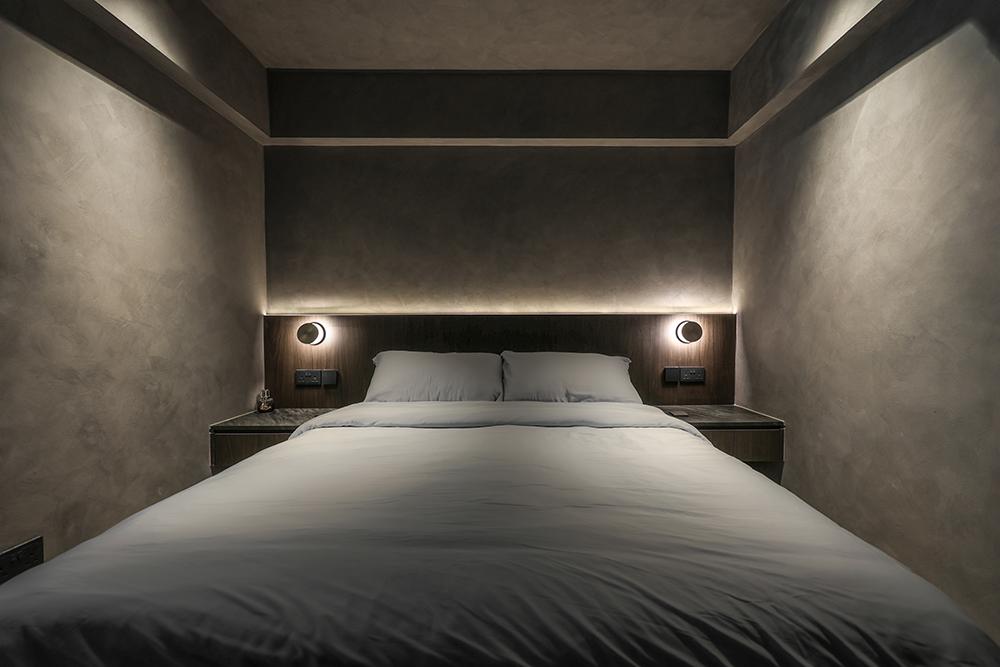 Industrial Bedroom with Built-in Bed and Bedside Table