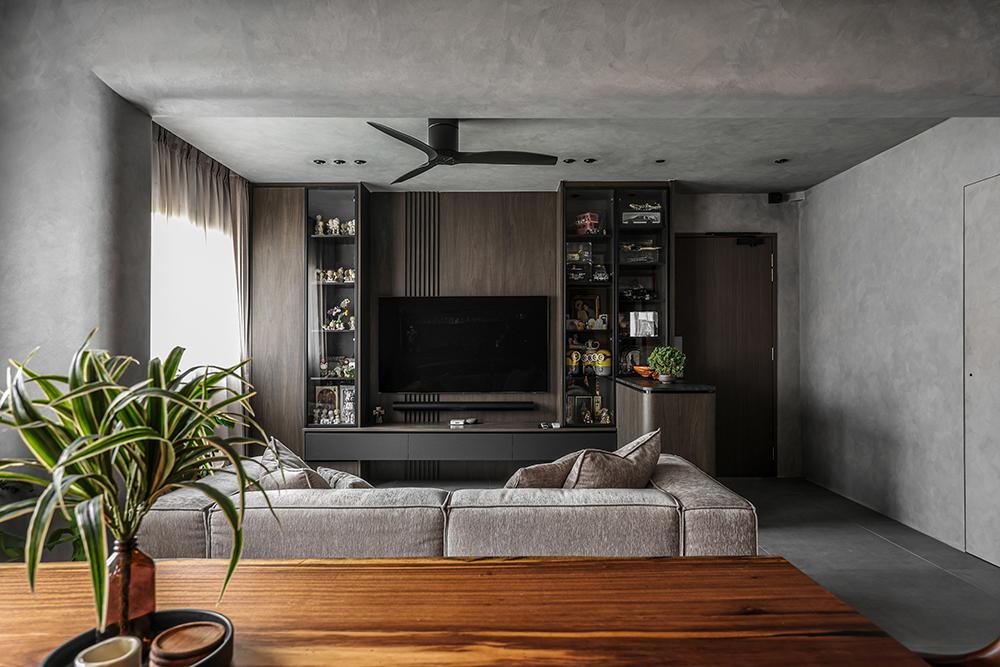 Industrial Living Room with Homogeneous Tiles and TV Console