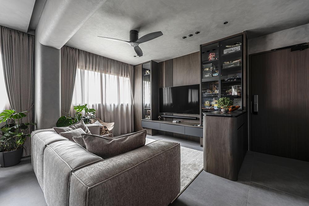 Industrial Living Room with Homogeneous Tiles and TV Console