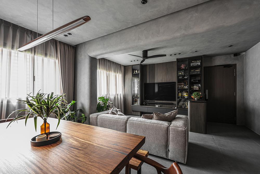 Industrial Living Room with Homogeneous Tiles and TV Console