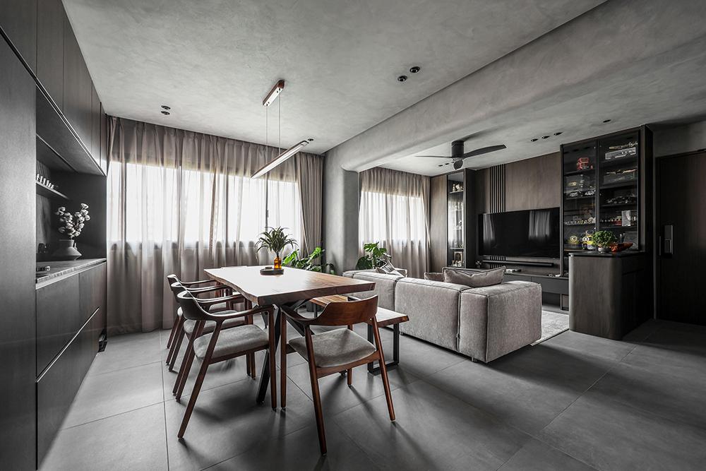 Industrial Living Room with Homogeneous Tiles and TV Console