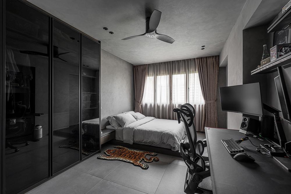Industrial Bedroom with Platform Bed and Homogeneous Tiles