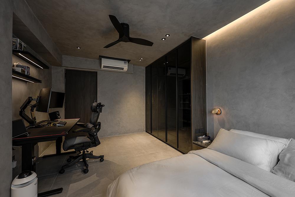 Industrial Bedroom with Bookshelf and Homogeneous Tiles