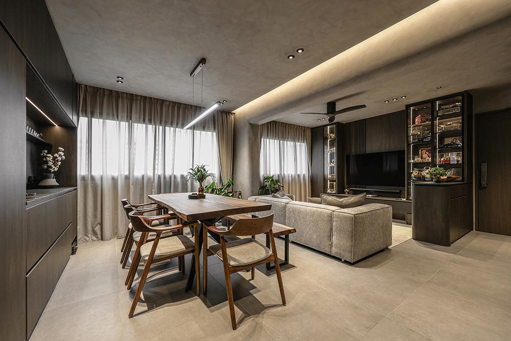 Industrial Living Room with Homogeneous Tiles and TV Console