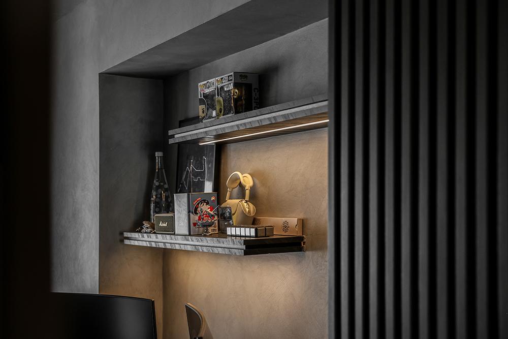 Industrial Bedroom with Bookshelf and Feature Wall