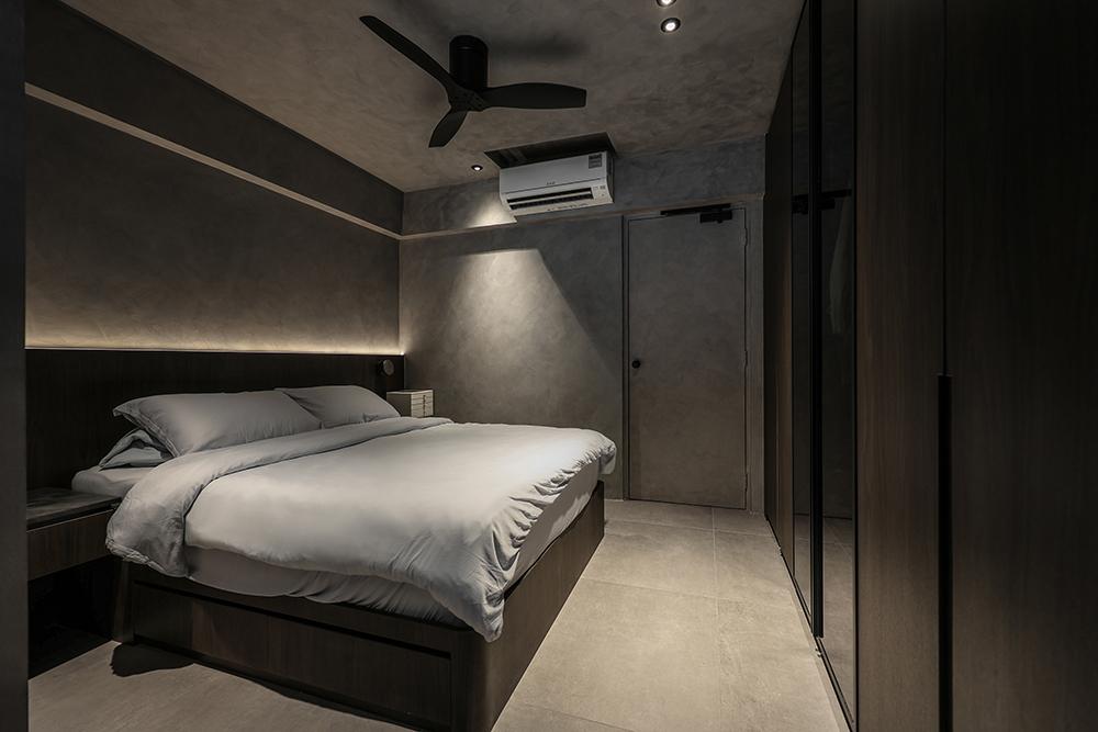 Industrial Bedroom with Homogeneous Tiles and Wardrobe