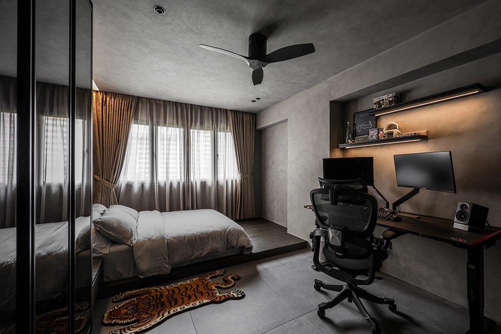 Industrial Bedroom with Bookshelf and Platform Bed