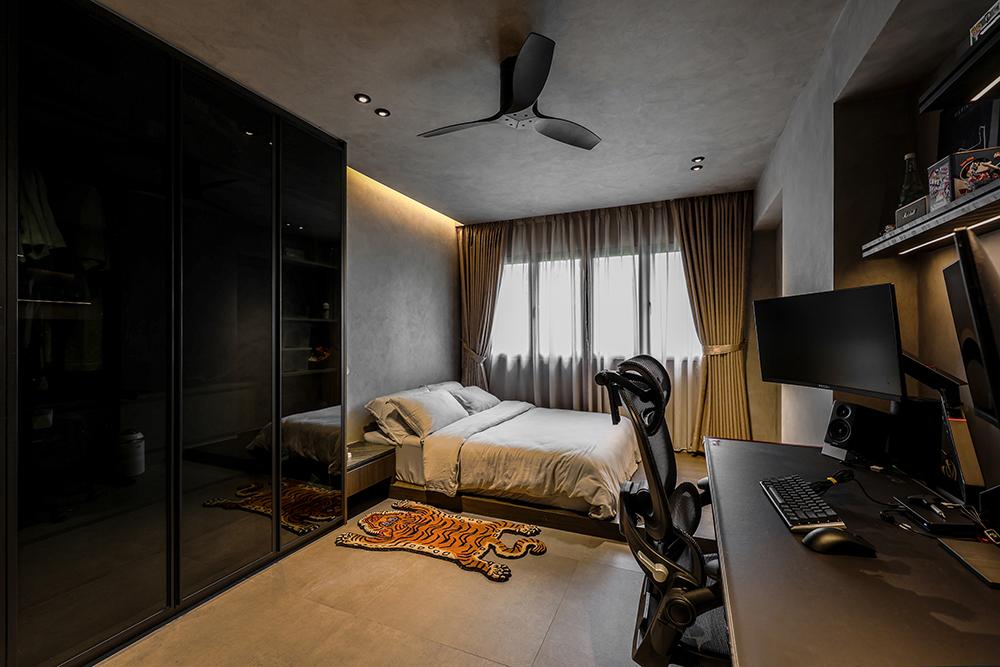 Industrial Bedroom with Bookshelf and Platform Bed