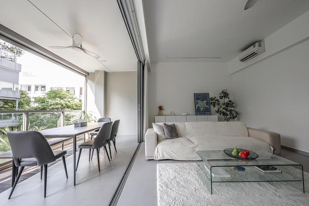 Minimalist Living Room with Homogeneous Tiles and Sofa
