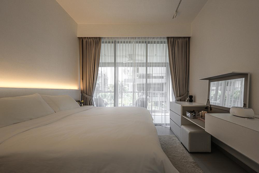 Minimalist Bedroom with Homogeneous Tiles and Bedroom Dresser