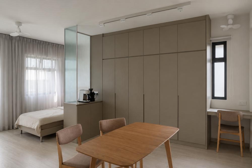 Minimalist Living Room with Cupboard and Dining Table