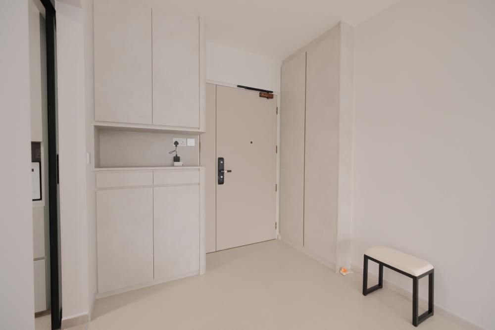 Minimalist Foyer with Shoe Rack and Shoe Cabinets