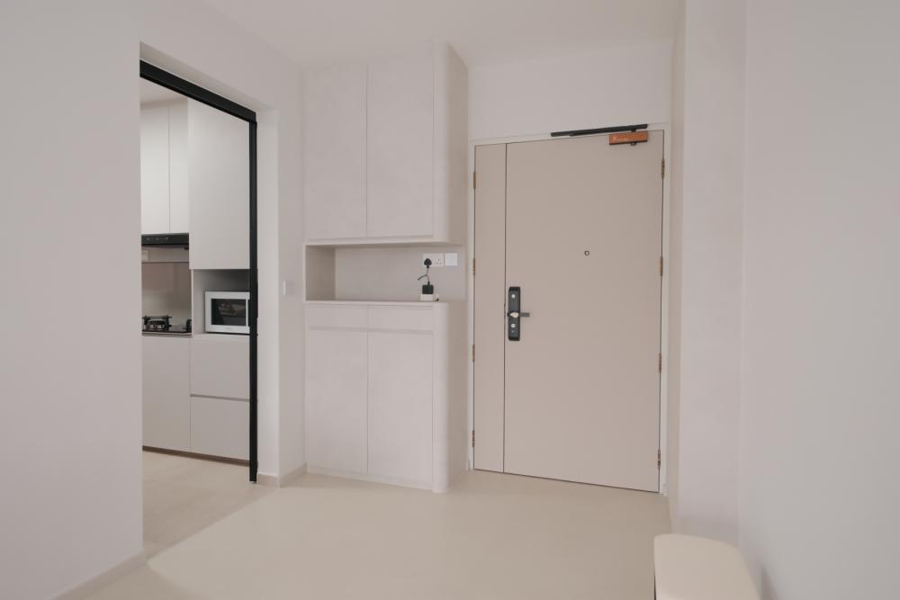 Minimalist Foyer with Shoe Rack and Shoe Cabinets