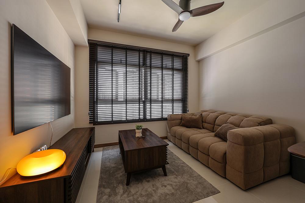 Modern Living Room with Homogeneous Tiles and Paintings