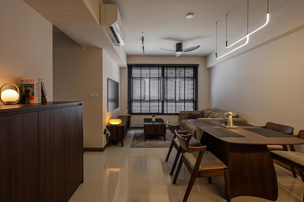 Modern Living Room with Homogeneous Tiles and Storage Cabinets