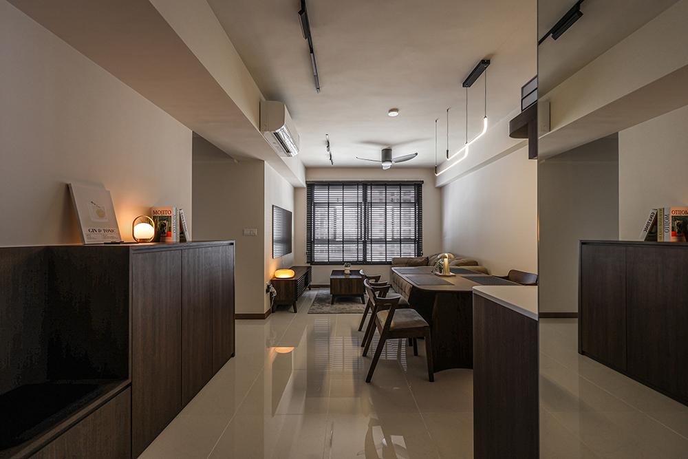 Modern Living Room with Homogeneous Tiles and Mirror