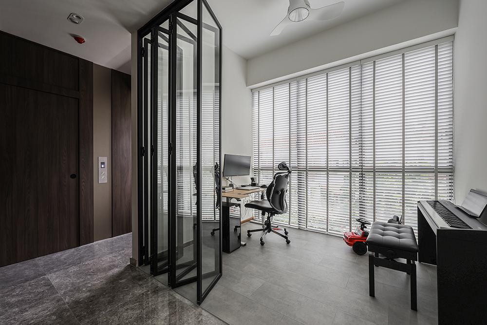 Modern Home Office with Vinyl Flooring and Glass Door