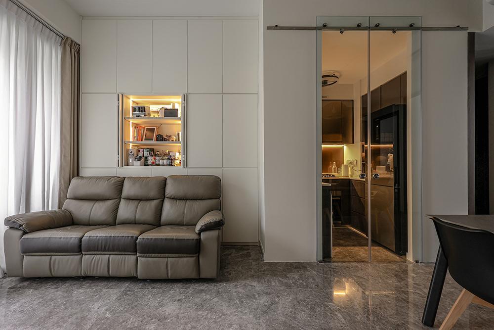 Modern Living Room with Glass Door and Storage Cabinets