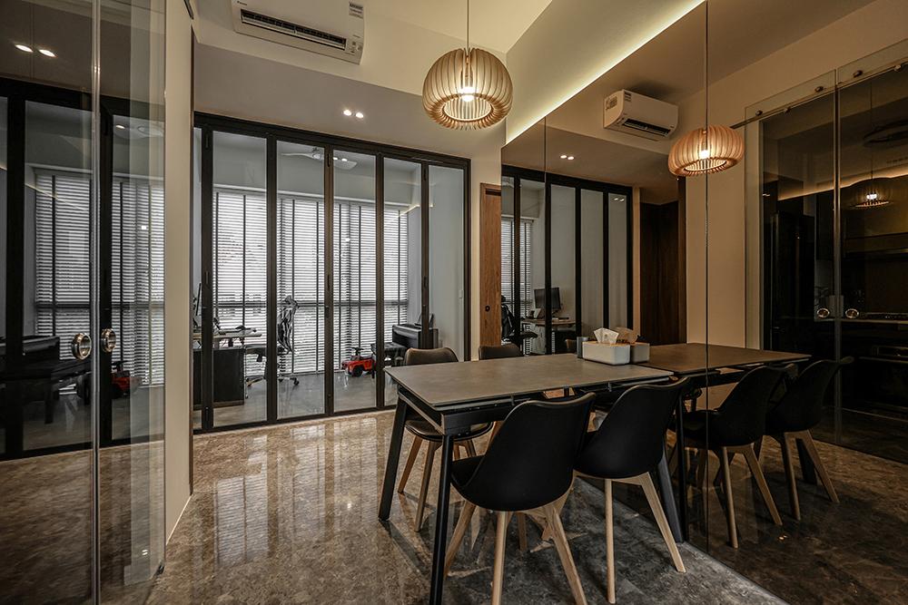 Modern Dining Room with Mirror and Cove Lighting