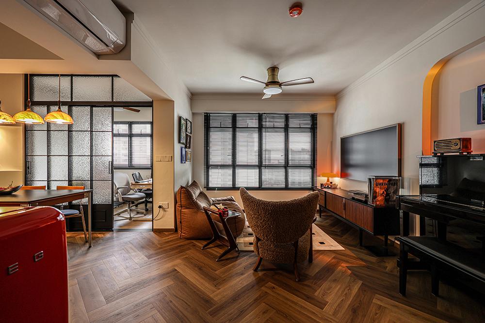 Asian Living Room with Vinyl Flooring and Glass Door