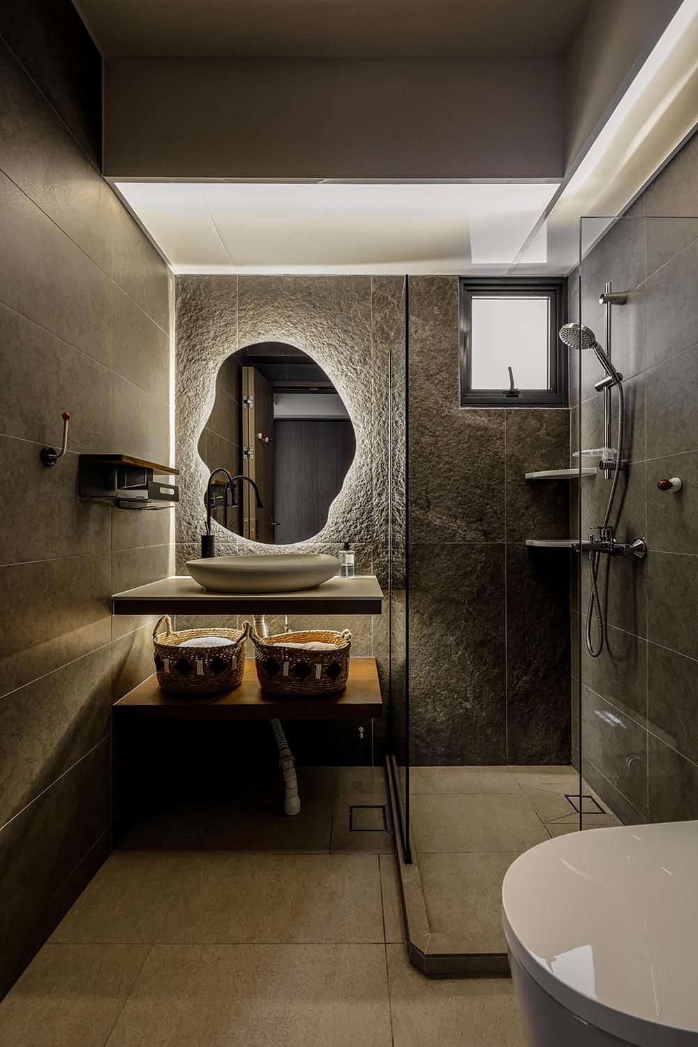 Asian Bathroom with Countertop and Homogeneous Tiles