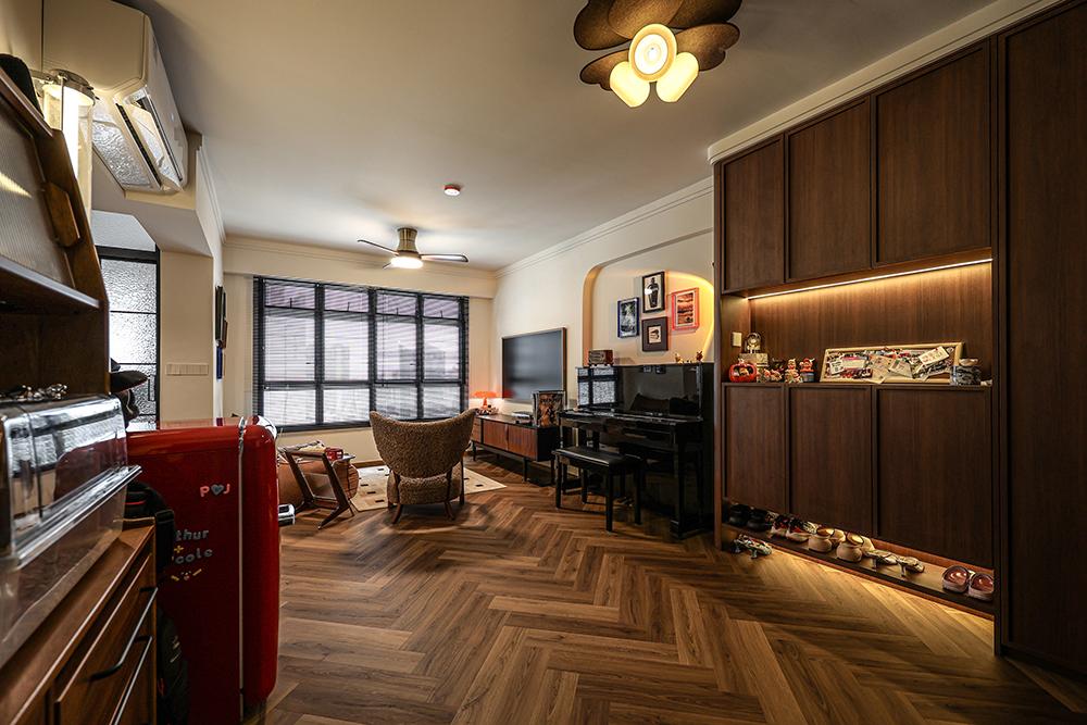 Asian Living Room with Vinyl Flooring and Artwork