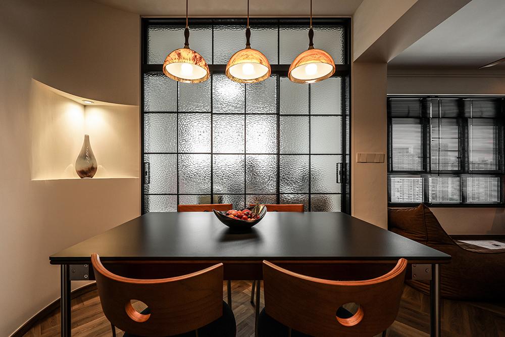Asian Dining Room with Glass Door and Dining Table