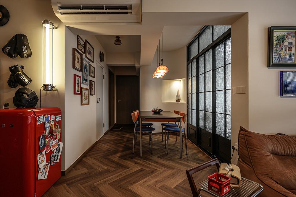 Asian Dining Room with Vinyl Flooring and Glass Door